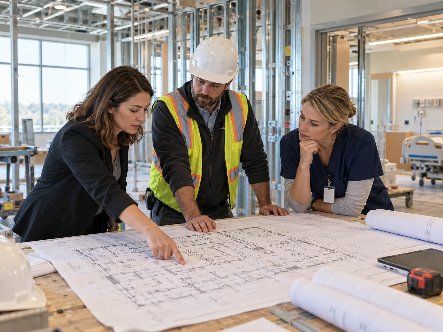 Architect, construction manager, and healthcare operator reviewing floor plans together inside a facility under renovation